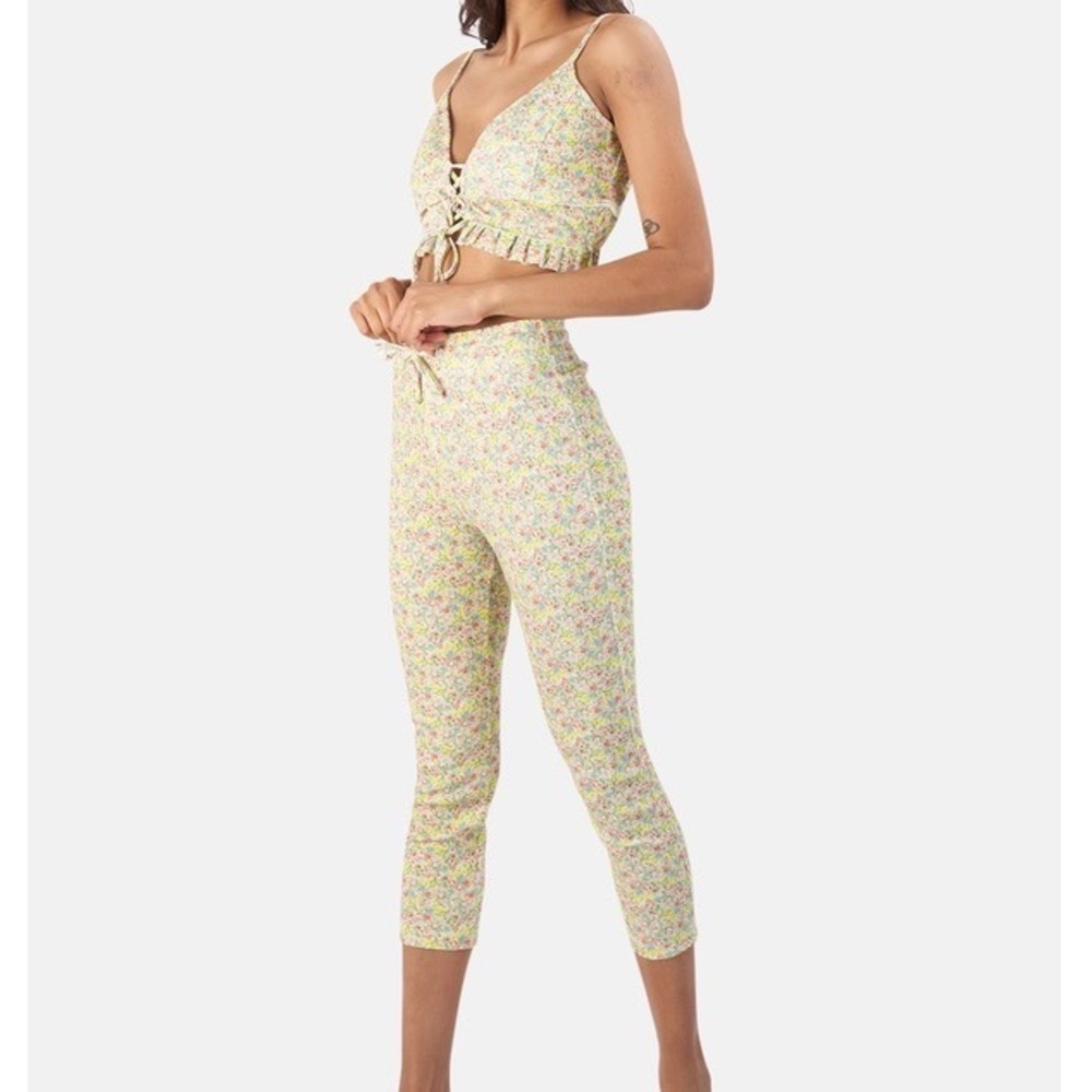 LoveShackFancy set Yellow Ditsy Floral Lace Up Top and Leggings Set XS NWT sarai